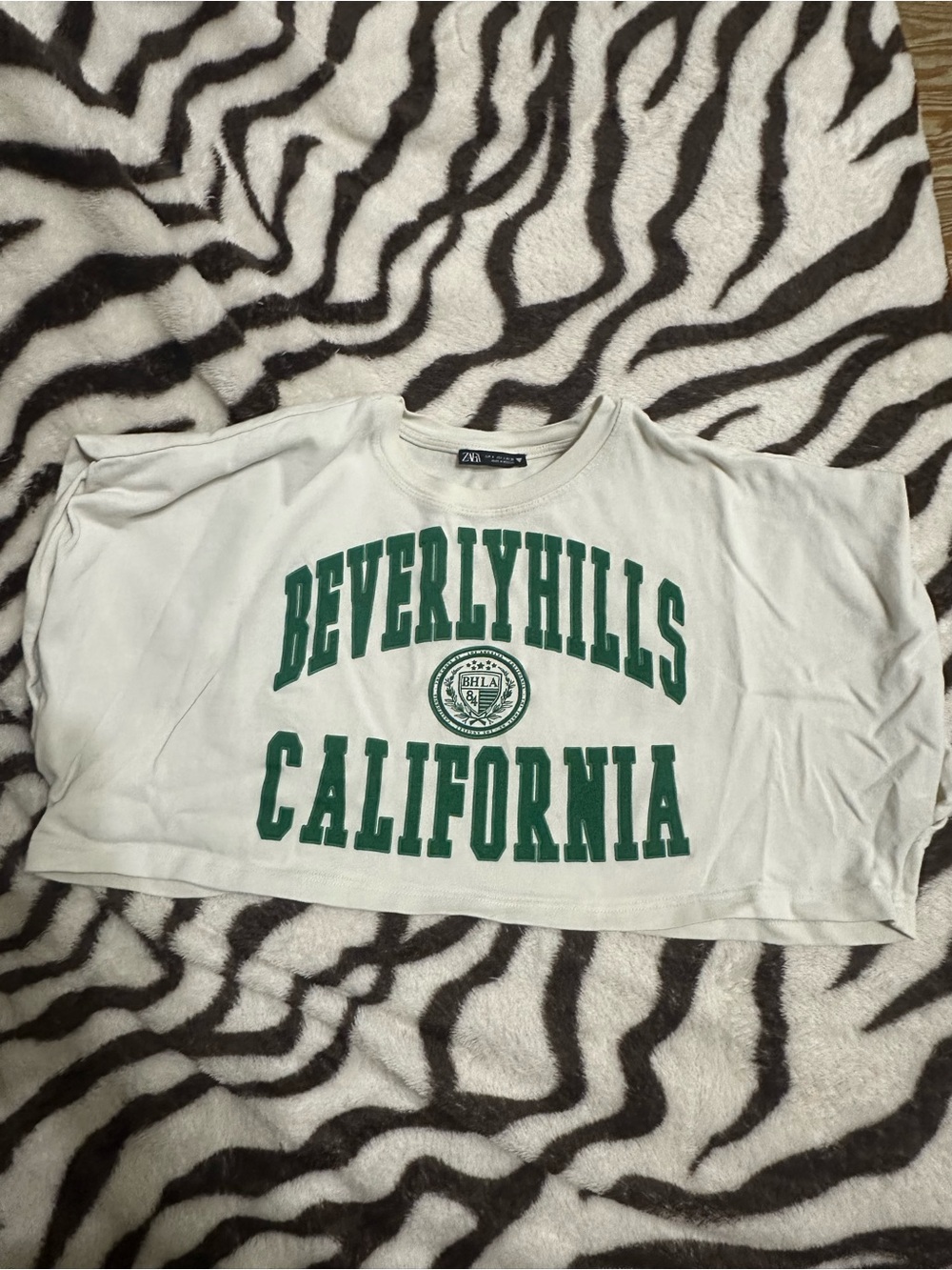 Zara White Crop Top with Green "Beverly Hills California" Print